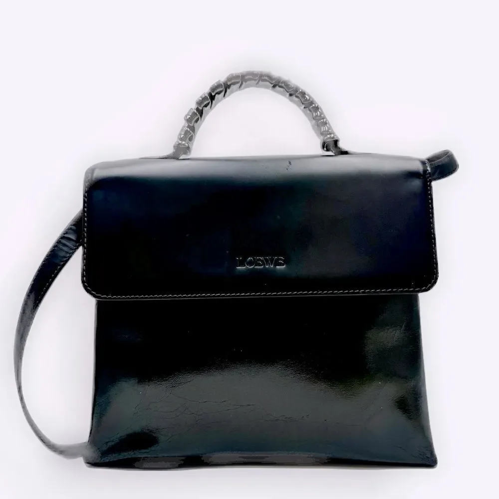 Auth Loewe Black Green Leather Top Handle 2way  Satchel Preloved Vtg Purse Bag